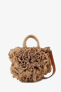 Ibeliv women’s coral raffia crossbody bag tea beige woven straw handbag with ruffled floral detailing and brown leather strap