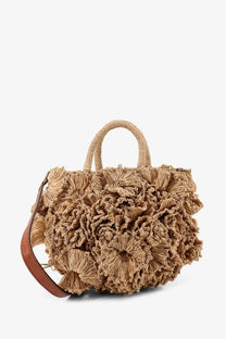 Ibeliv womens coral raffia crossbody bag tea beige woven straw handbag with ruffled floral detailing and brown leather strap