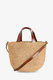 Ibeliv women’s Mirozy raffia crossbody bag beige woven straw tote with brown leather handles and gold-tone hardware