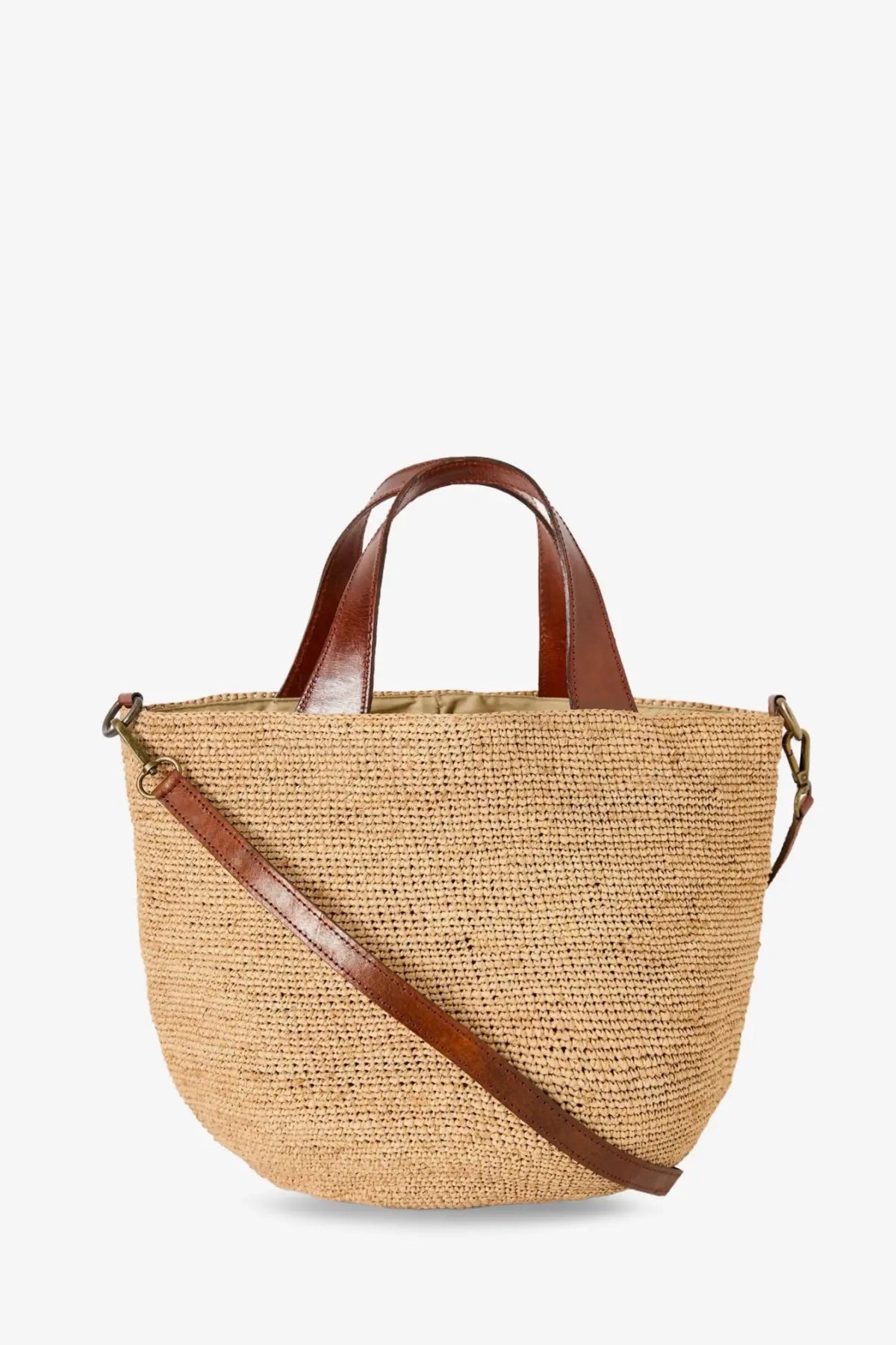 Beige woven straw tote bag with brown leather handles and gold hardware from ibeliv women’s mirozy raffia crossbody bag tea