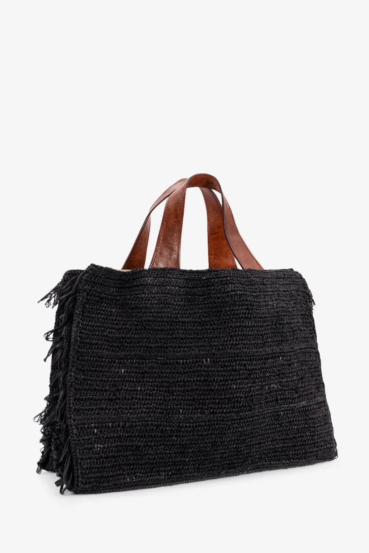 Ibeliv womens Onja raffia crossbody black black woven straw tote bag with brown leather handles and frayed edges