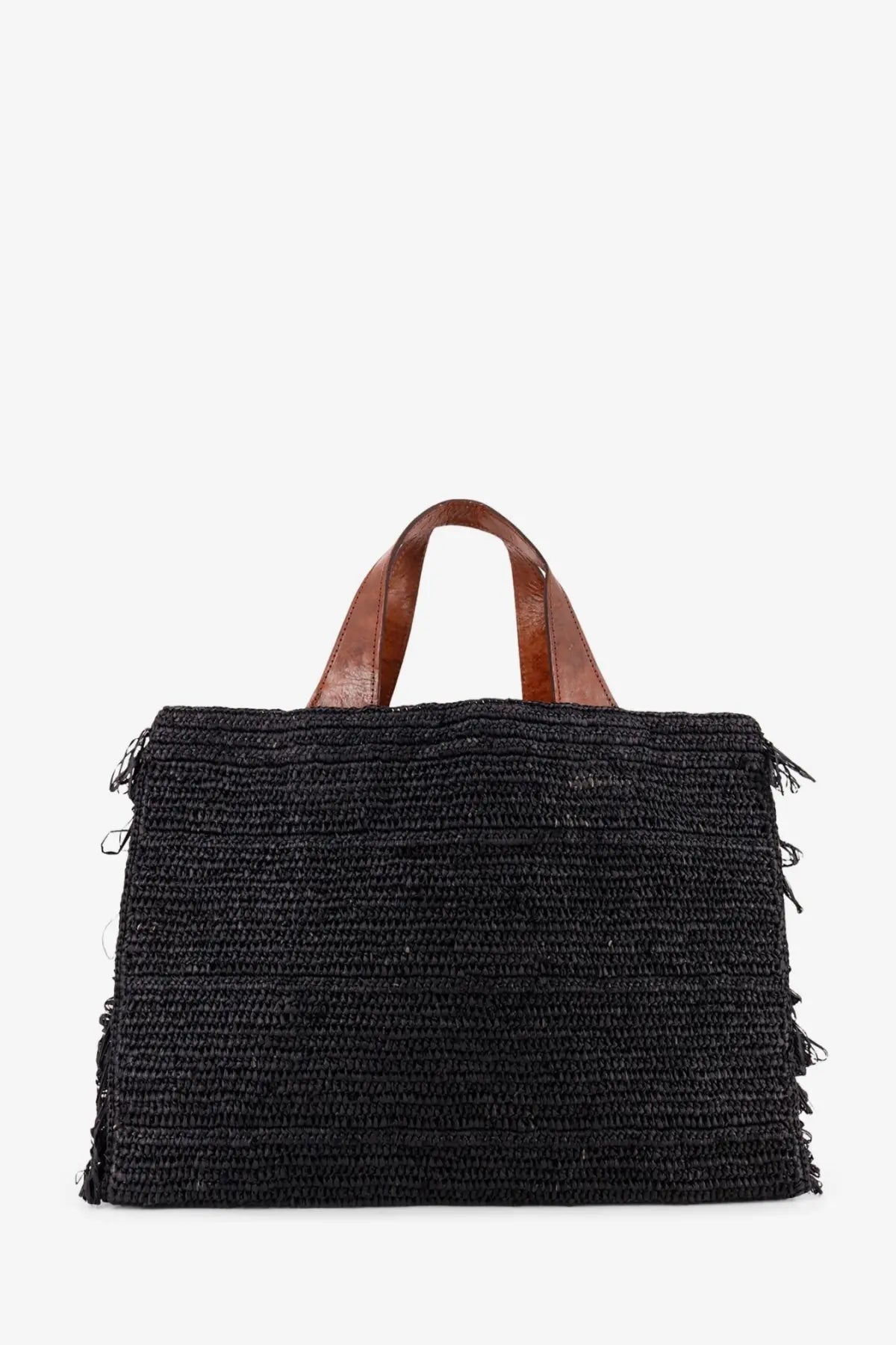 Ibeliv women’s onja raffia crossbody black woven straw tote bag with brown leather handles and frayed edges