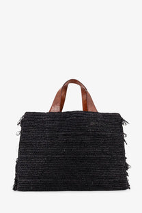 Ibeliv women’s onja raffia crossbody black woven straw tote bag with brown leather handles and frayed edges