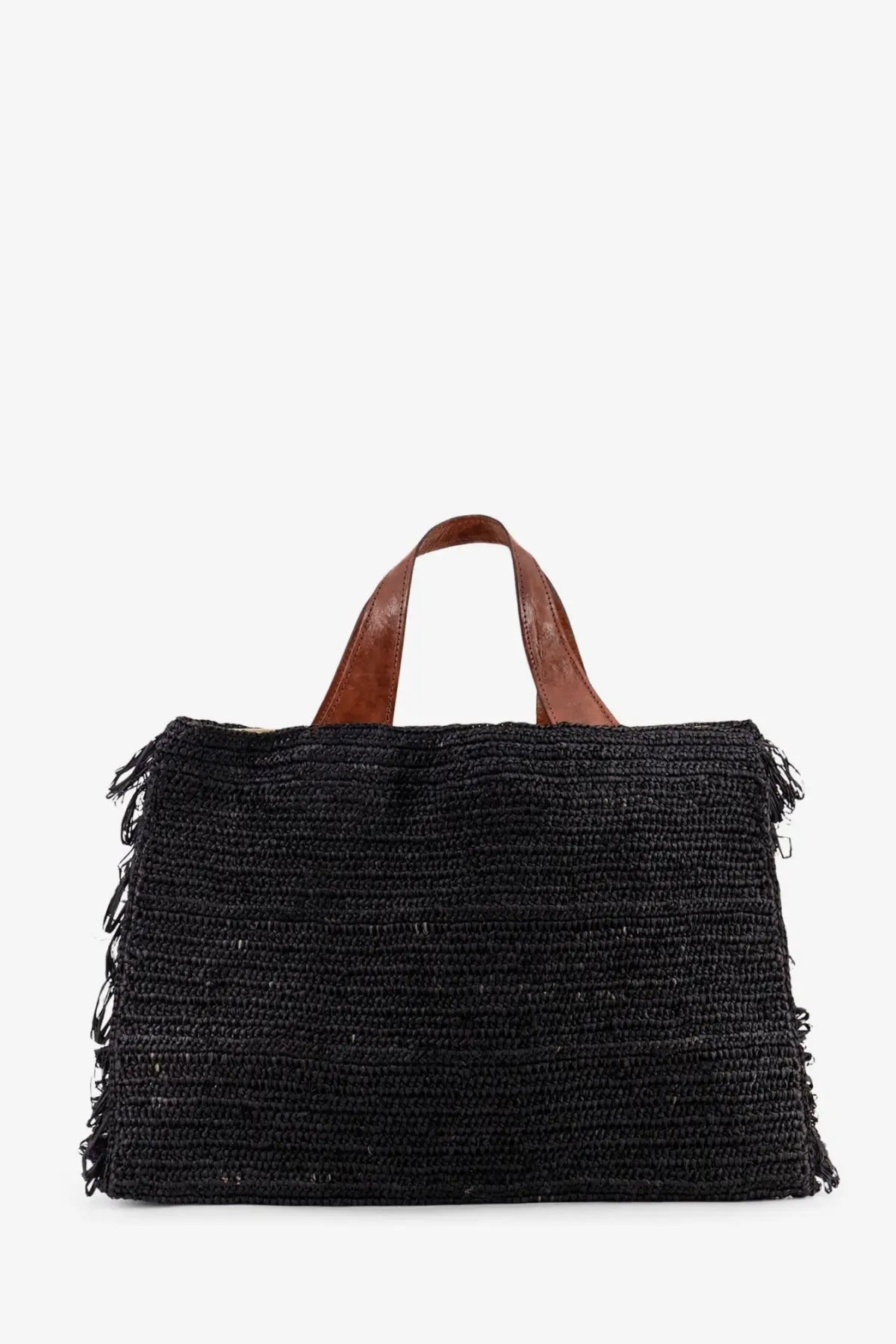 Black woven straw tote bag with brown leather handles from ibeliv womens onja raffia crossbody black collection