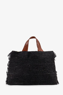 Black woven straw tote bag with brown leather handles from ibeliv womens onja raffia crossbody black collection