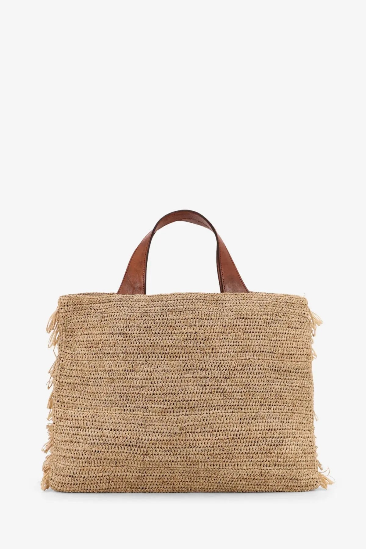 Beige woven straw tote bag with brown leather handles and fringe detailing from Ibeliv womens Onja Raffia Shoulder Bag TEA