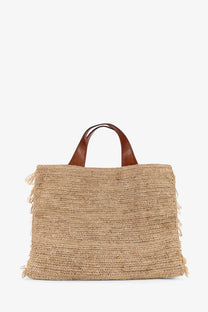 Ibeliv women’s onja raffia shoulder bag tea beige woven straw tote with brown leather handles and frayed edges