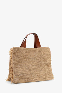 Ibeliv women’s onja raffia shoulder bag beige woven straw tote with brown leather handles and frayed edges