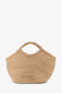Beige crochet sun hat with wide brim and textured pattern shown with ibeliv womens pure raffia shoulder bag tea