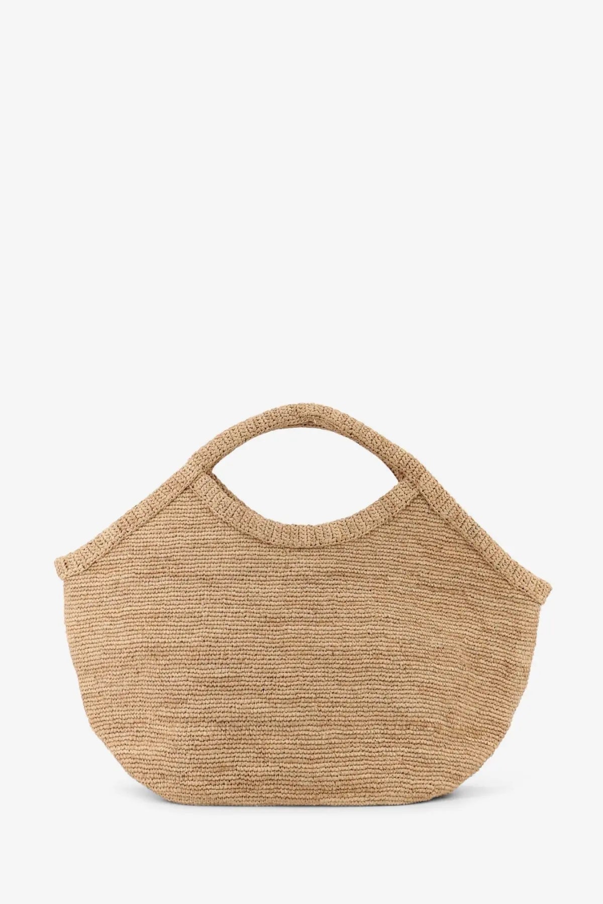 A beige woven straw hat with a wide brim and textured pattern paired with ibeliv women’s pure raffia shoulder bag tea