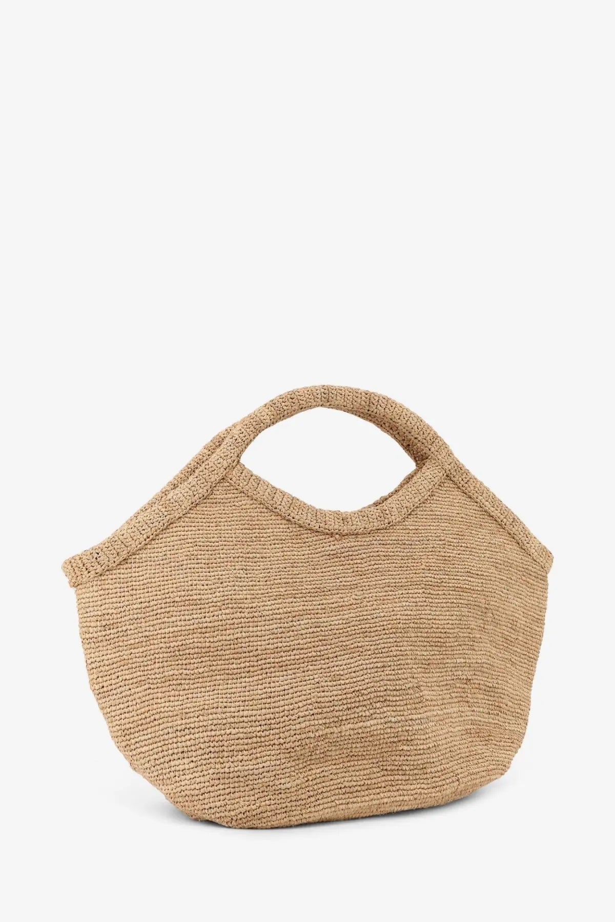 Beige woven straw tote bag with a structured slouched silhouette and dual top handles by ibeliv women’s pure raffia