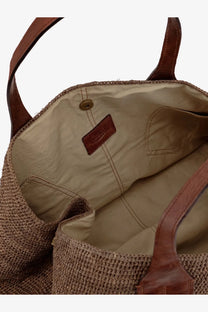 Ibeliv womens rio raffia shoulder bag darktea brown woven straw tote with leather handles and tan interior lining
