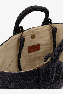 Ibeliv womens soma raffia crossbody black black woven straw tote bag with tan interior and brass hardware