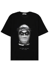 Black short-sleeved cotton t-shirt with monochrome face graphic in knit mask and crown of thorns featuring ih nom uh nit text and john 8:34