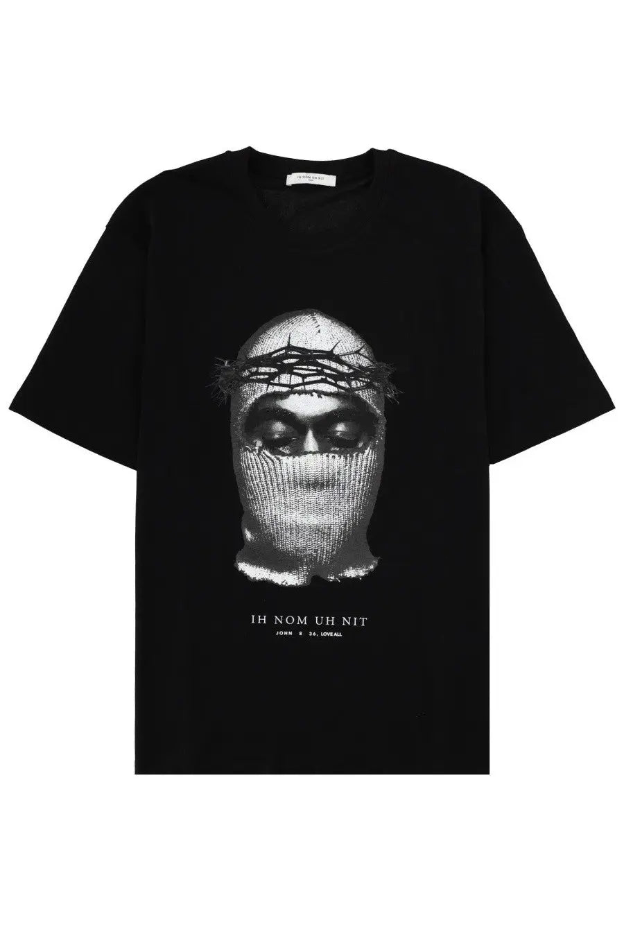 Black ih nom uh nit mens short sleeved t shirt with monochrome corona mask face and john 8 34 text print