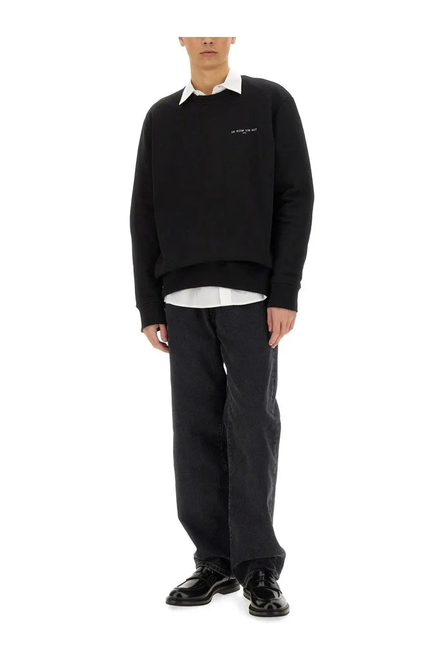 Ih nom uh nit men’s black oversized crewneck sweatshirt with subtle white embroidered crown mask print on chest