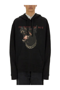 Ih Nom Uh Nit men’s black sweatshirt with a bold Dobermann roaring dog print and pink text above