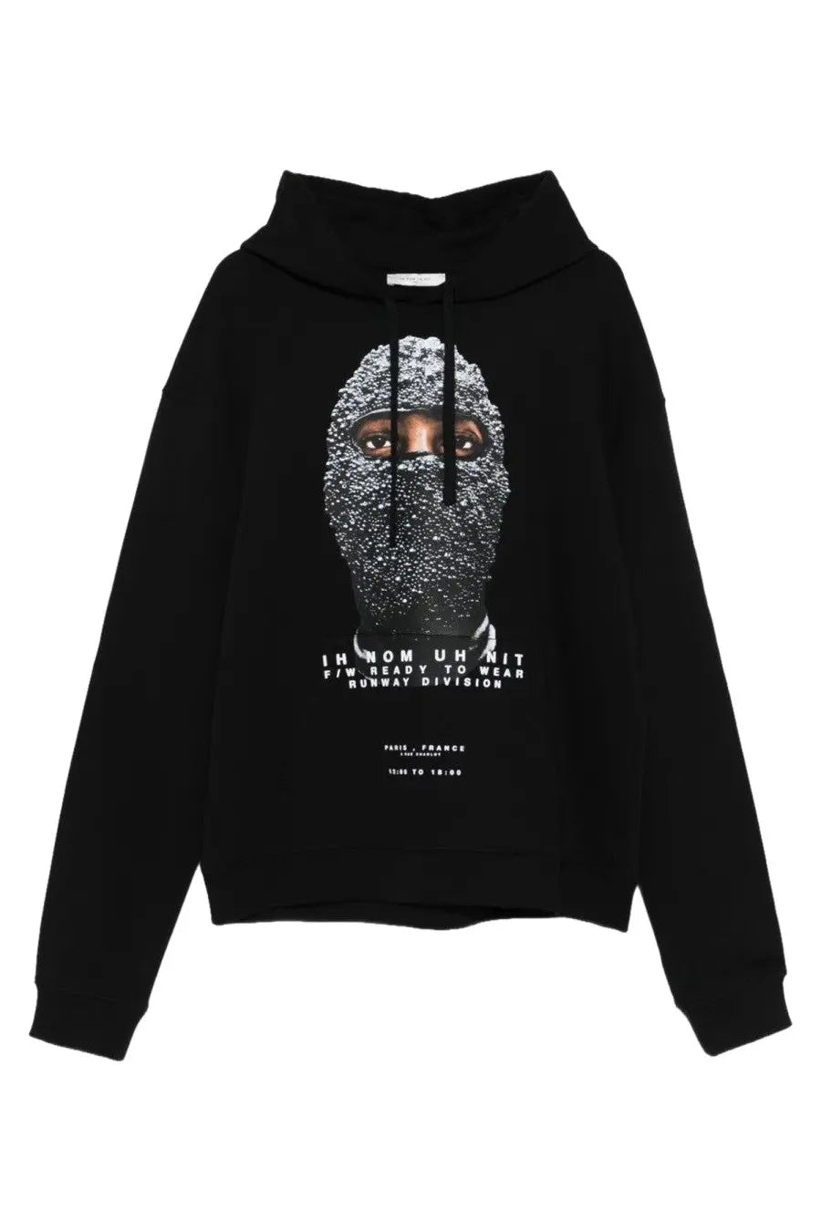 Ih nom uh nit men’s black hoodie with a graphic print of a face in a textured glittery mask and white text below