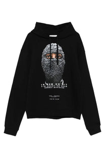 Ih nom uh nit men’s black hoodie with a graphic print of a face in a textured glittery mask and white text below
