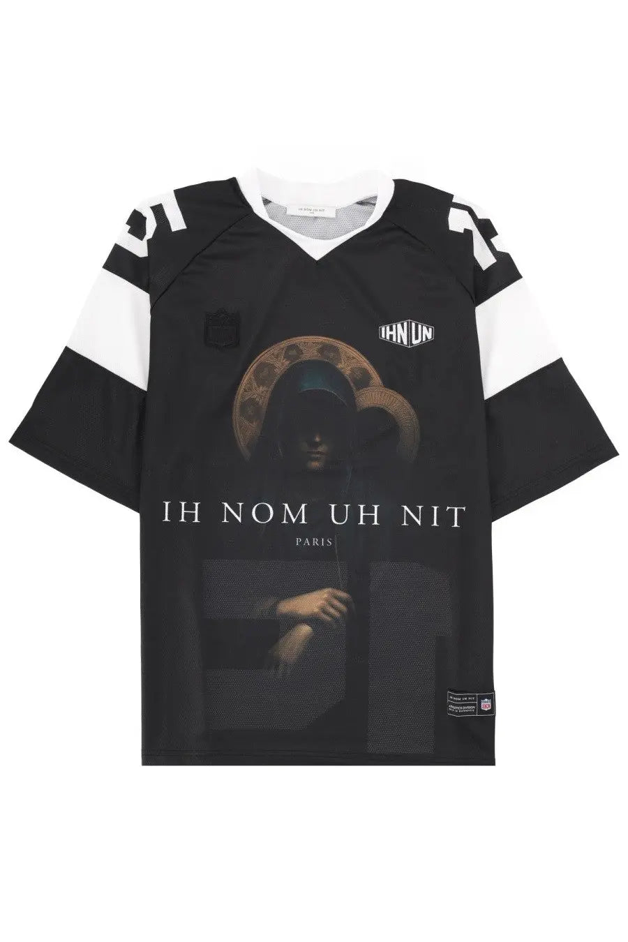 Ih nom uh nit men’s holy mary black short-sleeved tee with white shoulder stripes and hooded figure print