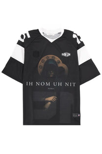 Ih nom uh nit men’s holy mary black short-sleeved tee with white shoulder stripes and hooded figure print