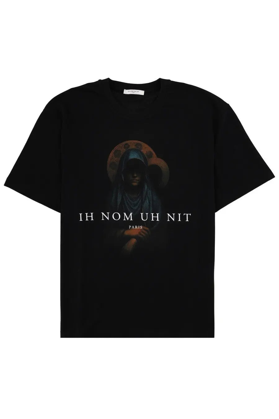Black short-sleeved ih nom uh nit paris t-shirt featuring a dark hooded figure with an ornate halo on the chest