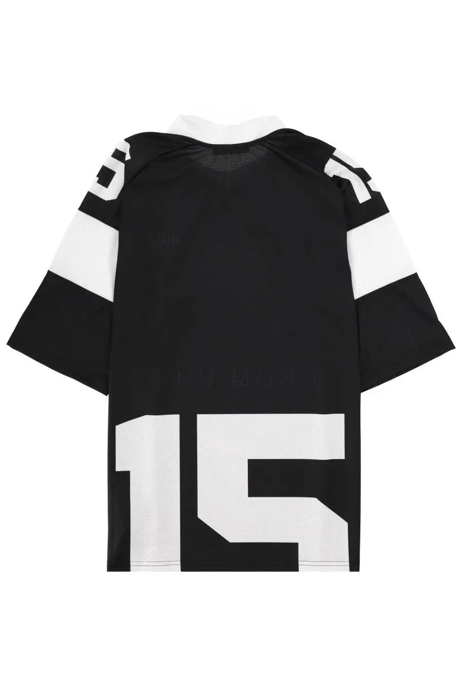 Back of black and white ih nom uh nit men’s holy mary athletic jersey with bold 15 print and sleeve stripes