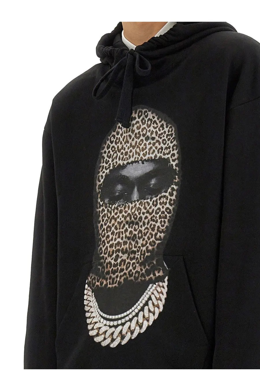 Ih nom uh nit men’s black hoodie with leopard mask face graphic and silver chain print on the chest
