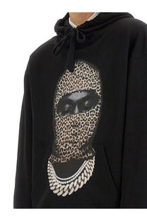 Ih nom uh nit men’s black hoodie with leopard mask face graphic and silver chain print on the chest