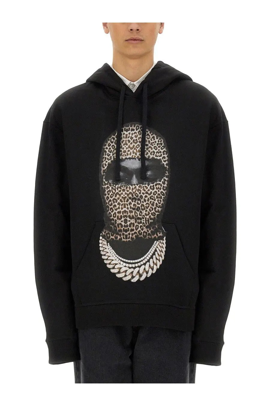 Ih nom uh nit men’s black hoodie featuring a bold leopard print face with sunglasses and silver chain necklace design