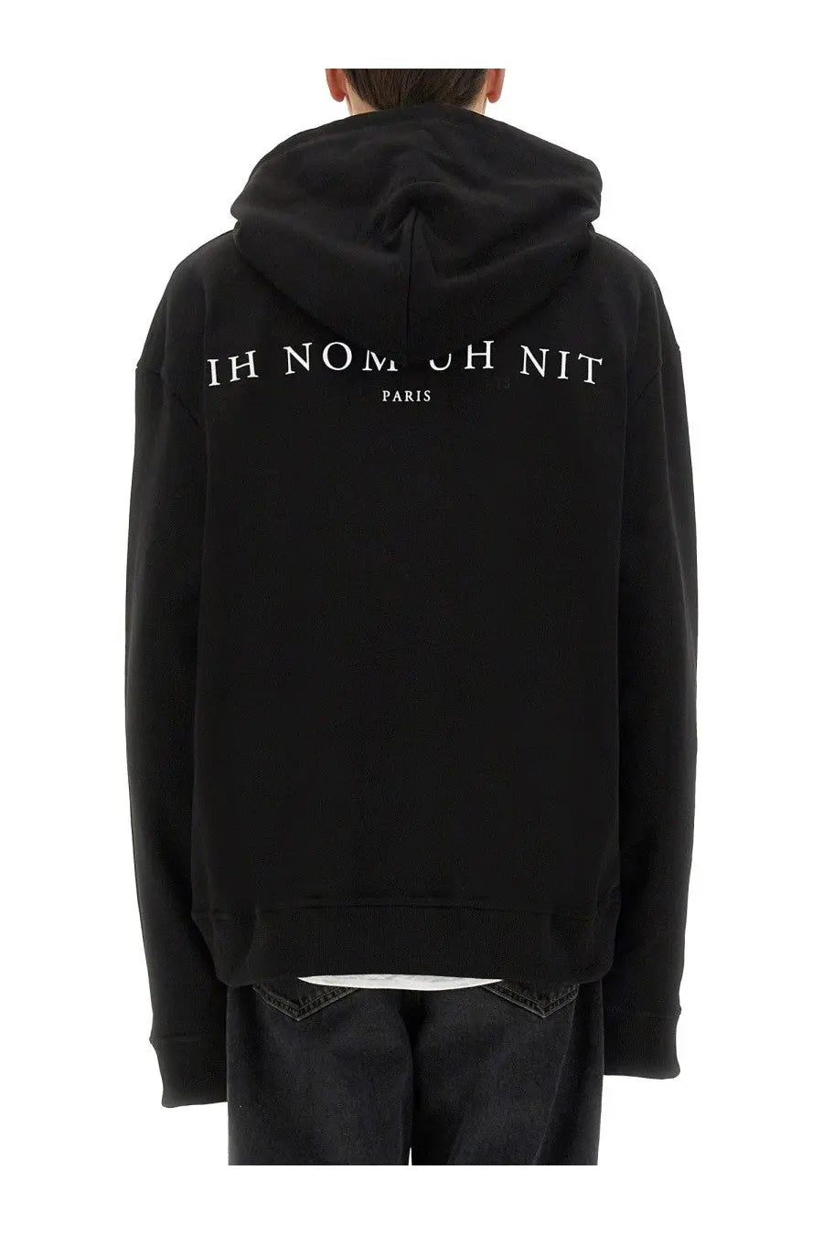 Black ih nom uh nit men’s sweatshirt with white ih nomosh nit paris lettering on the back