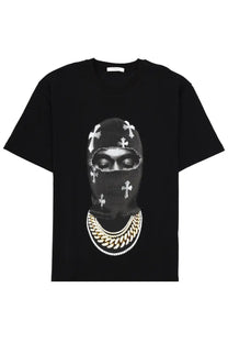 Black short-sleeved t-shirt by ih nom uh nit featuring a bold balaclava face graphic with white crosses and gold chains