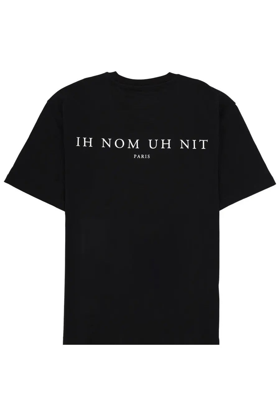 Black short-sleeved ih nom uh nit men’s t-shirt with white ih nom uh nit paris text printed on the back