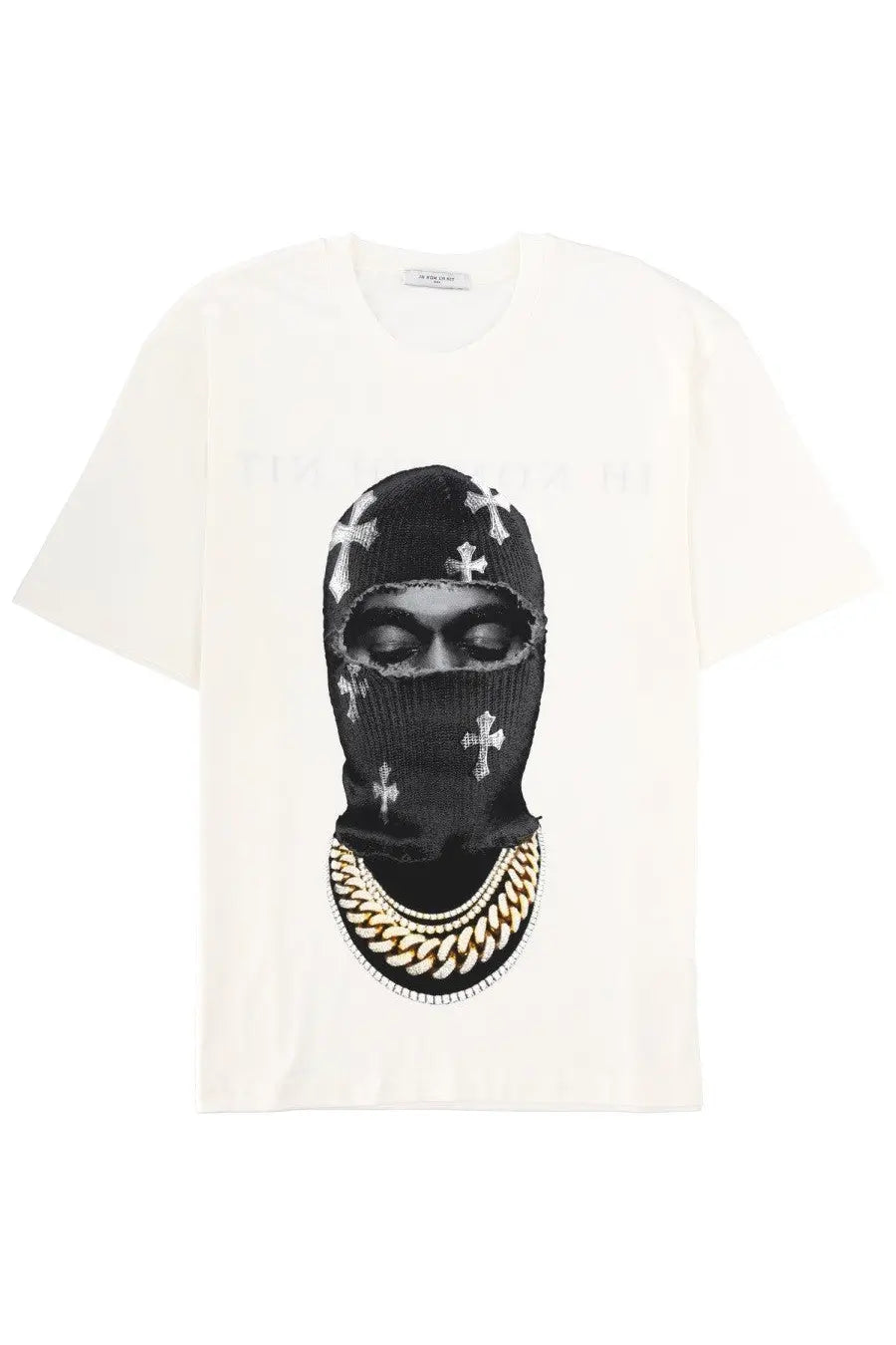 Cream-colored short-sleeved t-shirt with black knit balaclava featuring silver crosses and gold chain necklace graphic