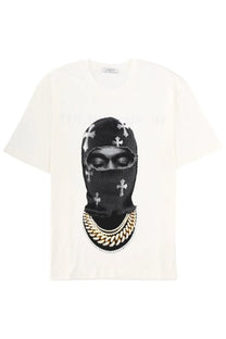 Cream-colored short-sleeved t-shirt with black knit balaclava featuring silver crosses and gold chain necklace graphic