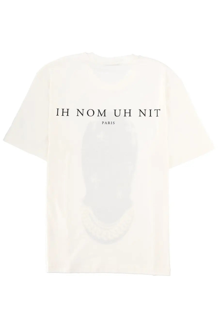 Off white oversized t shirt with minimalist black ih nom uh nit paris typographic print on the front