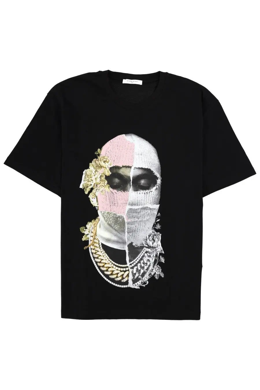 Black short-sleeved ih nom uh nit t-shirt featuring a bold half-pink half-white mask face with gold floral accents and chains