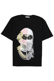 Black short-sleeved ih nom uh nit t-shirt featuring a bold half-pink half-white mask face with gold floral accents and chains
