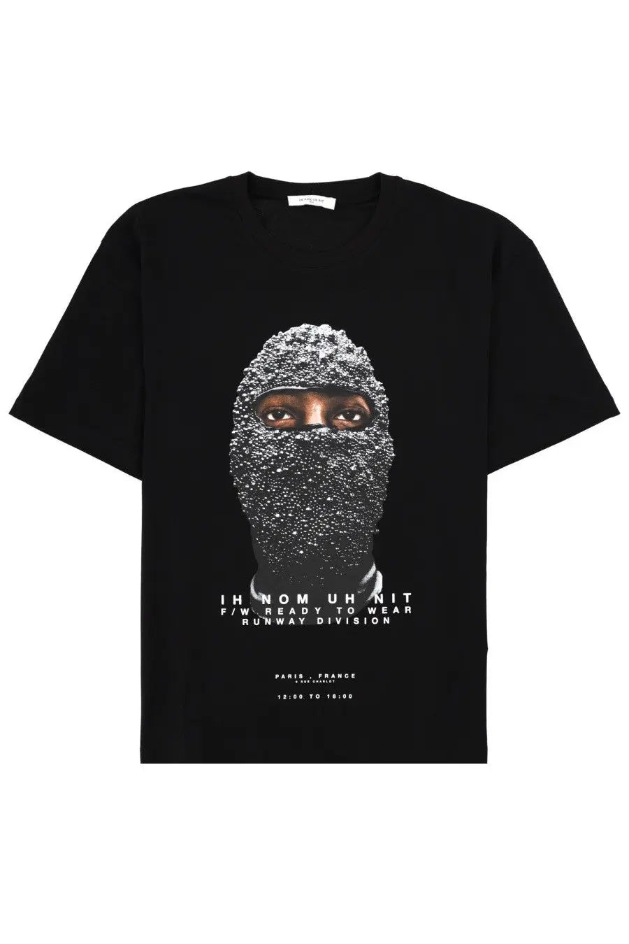 Black cotton ih nom uh nit mens t-shirt featuring a graphic face in a beaded mask with white text below