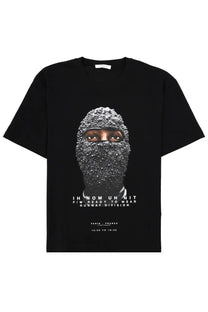 Black cotton ih nom uh nit mens t-shirt featuring a graphic face in a beaded mask with white text below