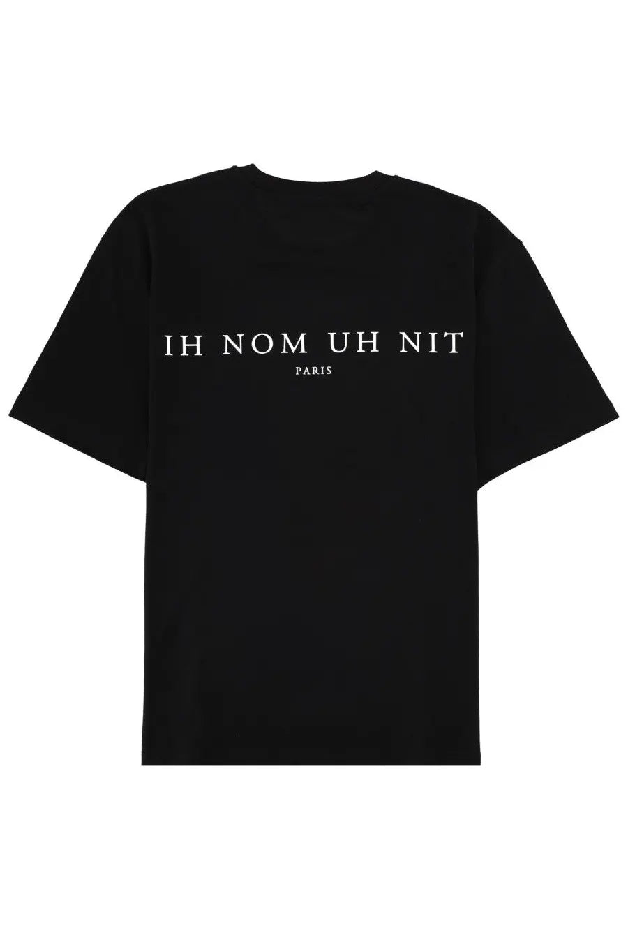 Black short-sleeved ih nom uh nit men’s t-shirt with white text and paris print in casual cotton fabric