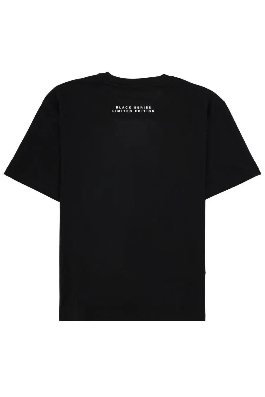 Black short-sleeved t-shirt by ih nom uh nit with black series limited edition white text on the back