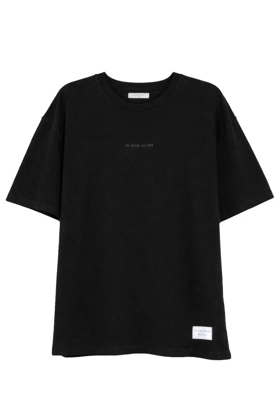 Black oversized cotton t-shirt by ih nom uh nit featuring subtle embroidered text and a white label at the hem