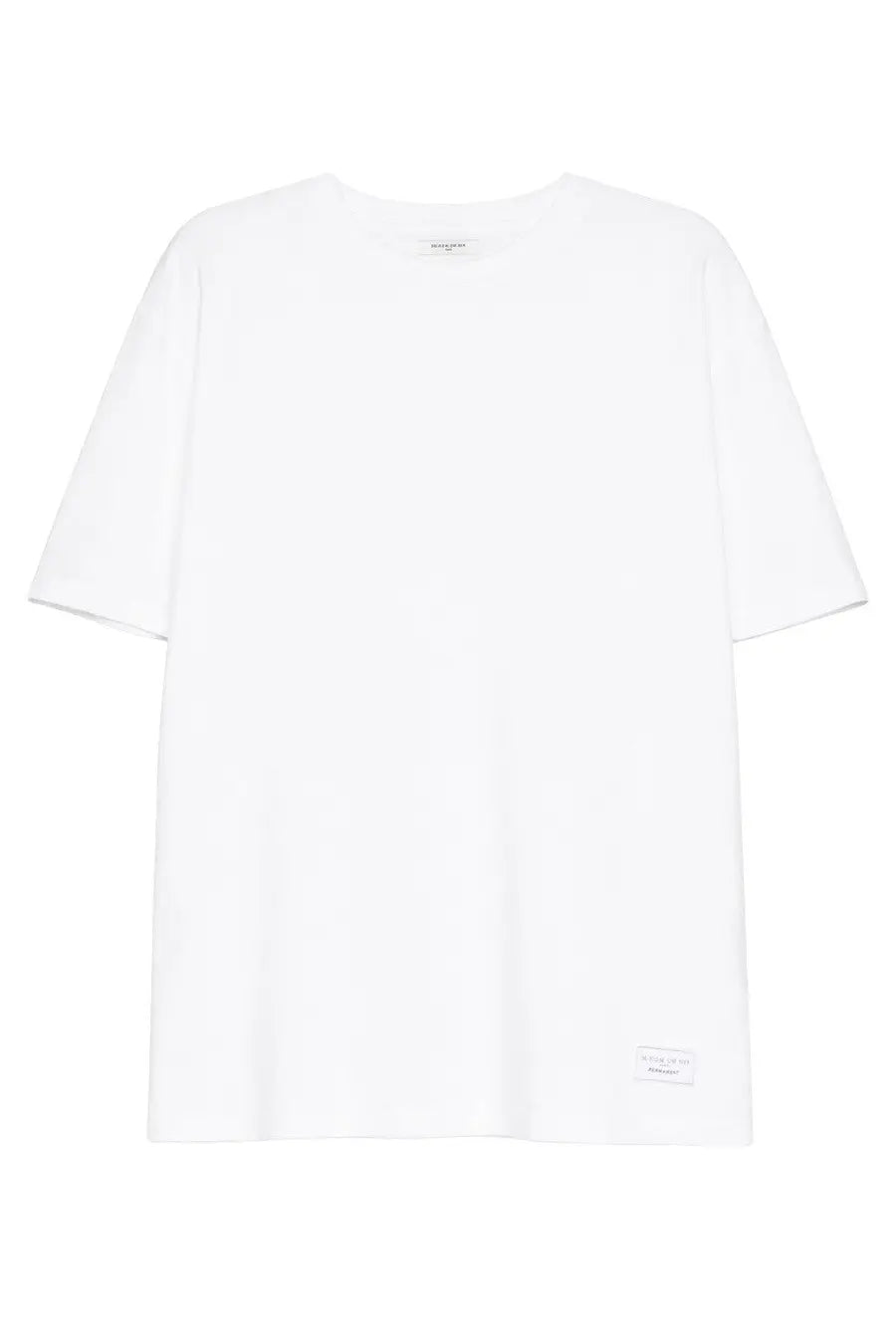 Ih nom uh nit men’s white cotton t-shirt with relaxed fit and subtle brand tags at neckline and hem