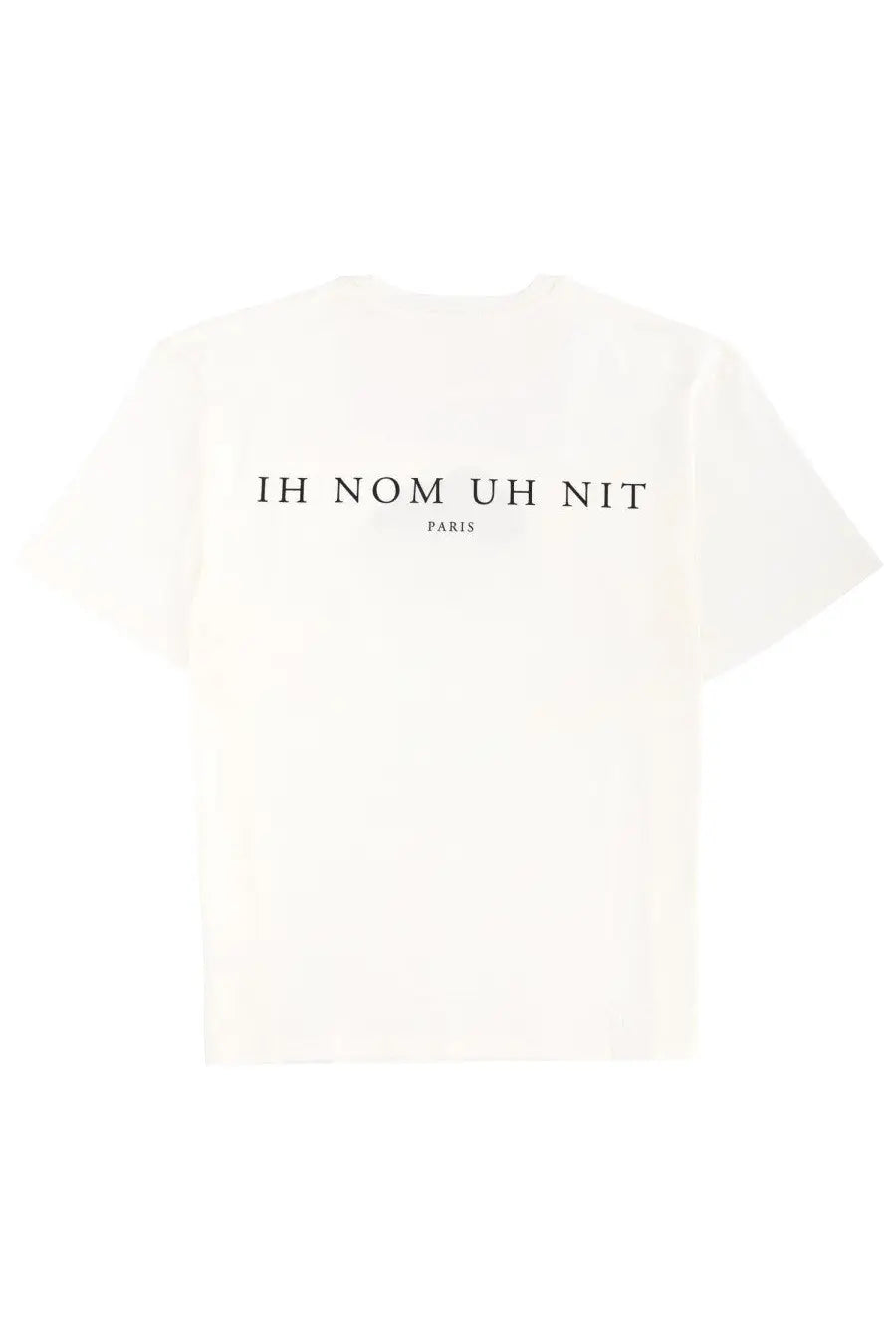 White cotton ih nom uh nit men’s t-shirt with black paris text printed across the back side