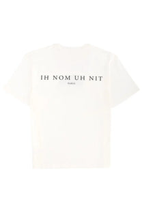 White cotton ih nom uh nit men’s t-shirt with black paris text printed across the back side