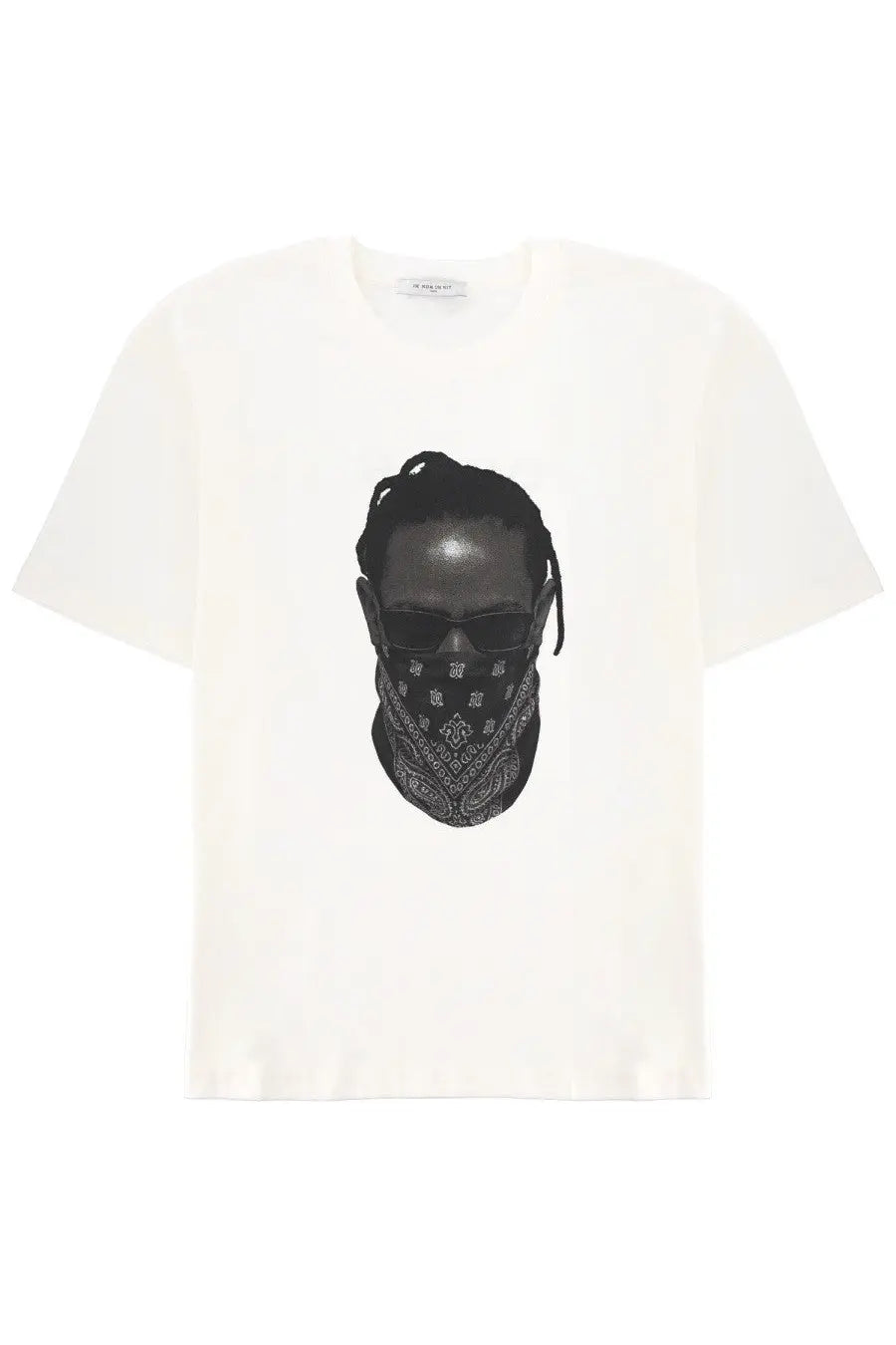 Off-white cotton Ih Nom Uh Nit men’s shirt featuring a black and white graphic of a person wearing sunglasses and bandana