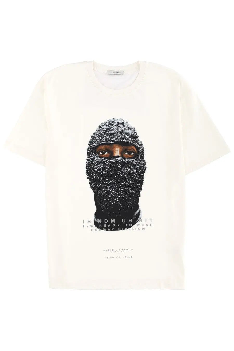 Off-white cotton ih nom uh nit men’s t-shirt with black beanie face graphic and sparkling embellishments on front