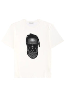 Off-white cotton t-shirt by Ih Nom Uh Nit featuring a black-and-white graphic of a person with sunglasses and bandana