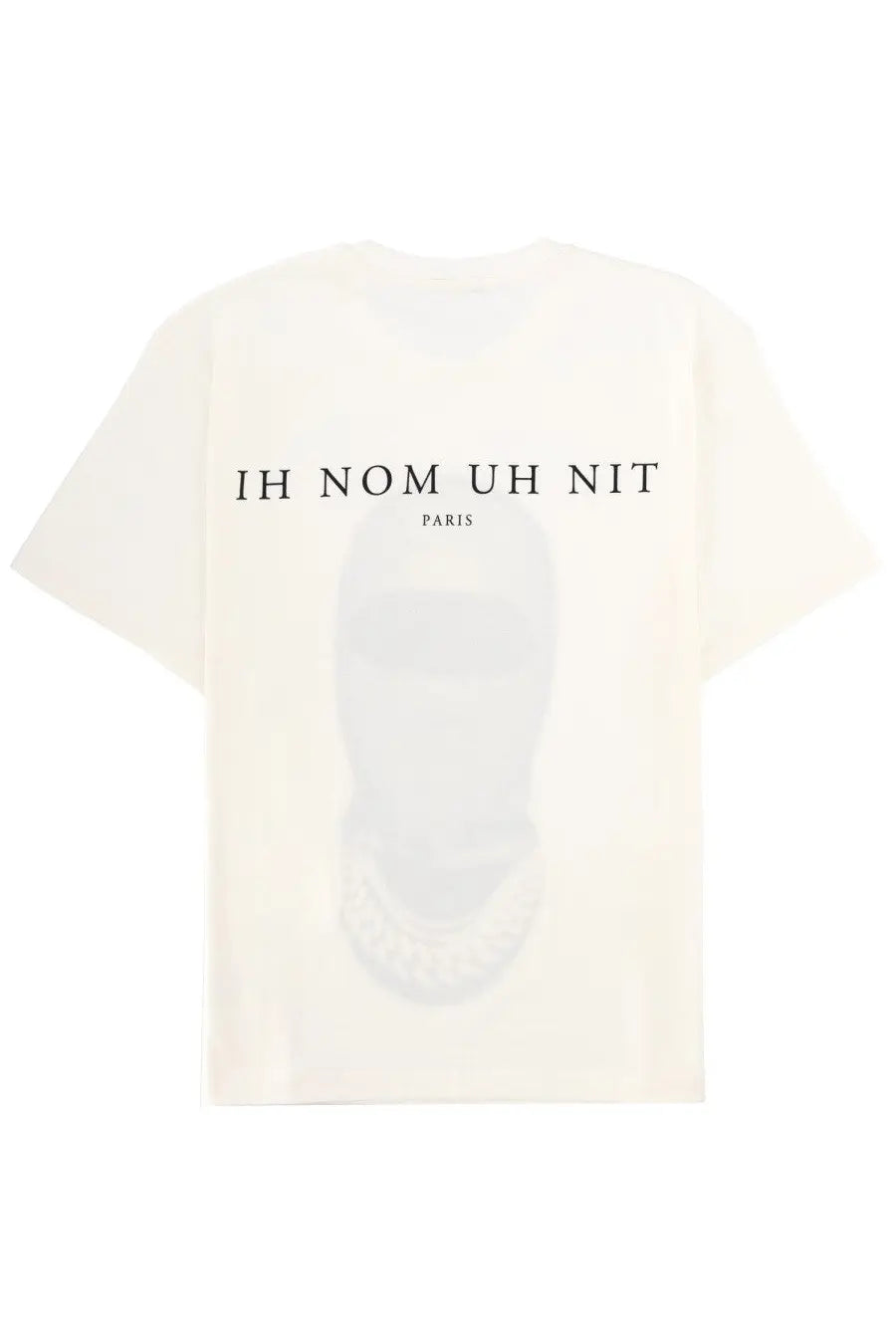 Off-white cotton men’s t-shirt with a translucent skull graphic and ih nom uh nit paris bold black text on the chest